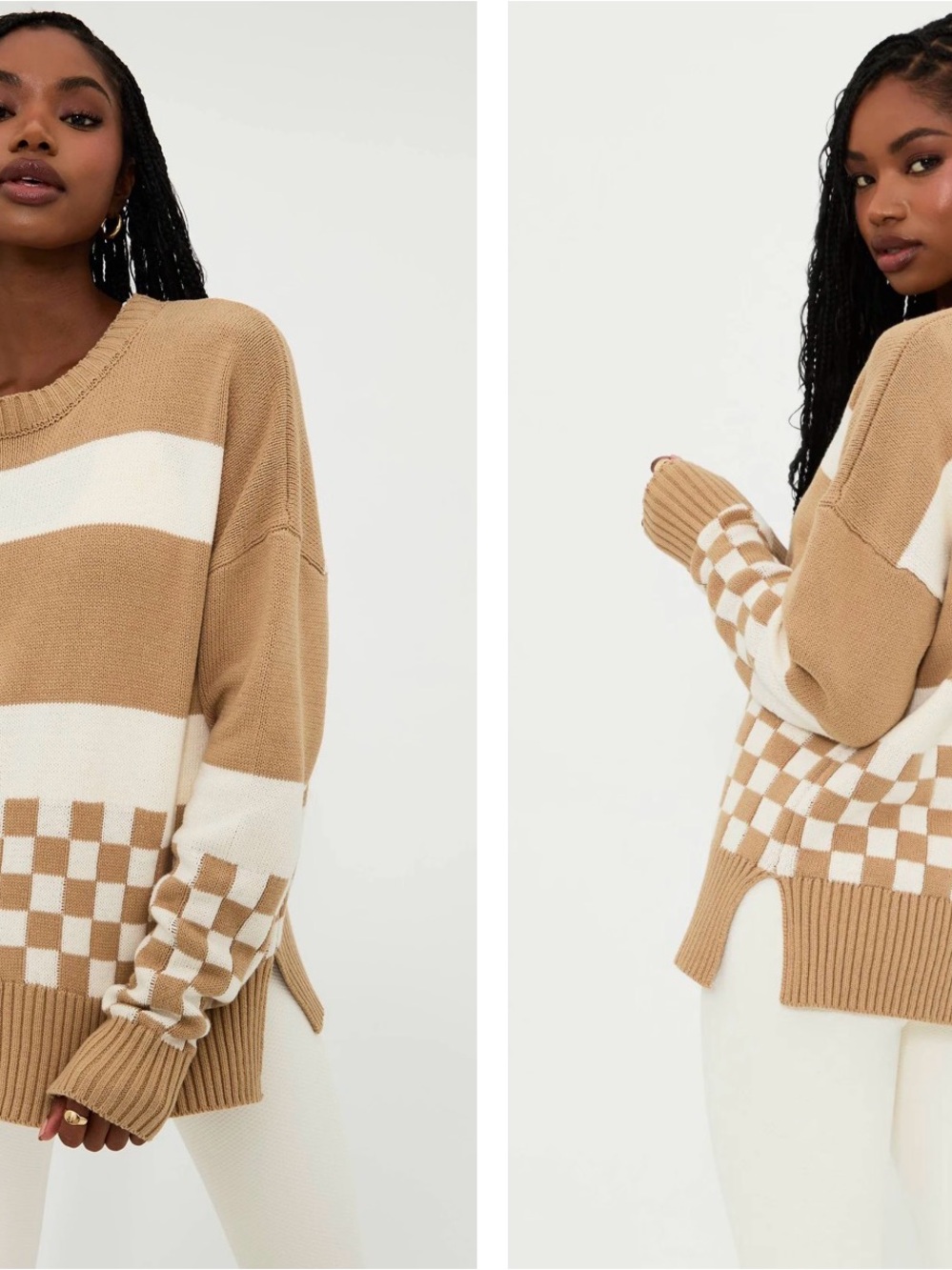 Beach Riot Tan & White Checkerboard Stripe Sweater Callie Sweater Taupe Check